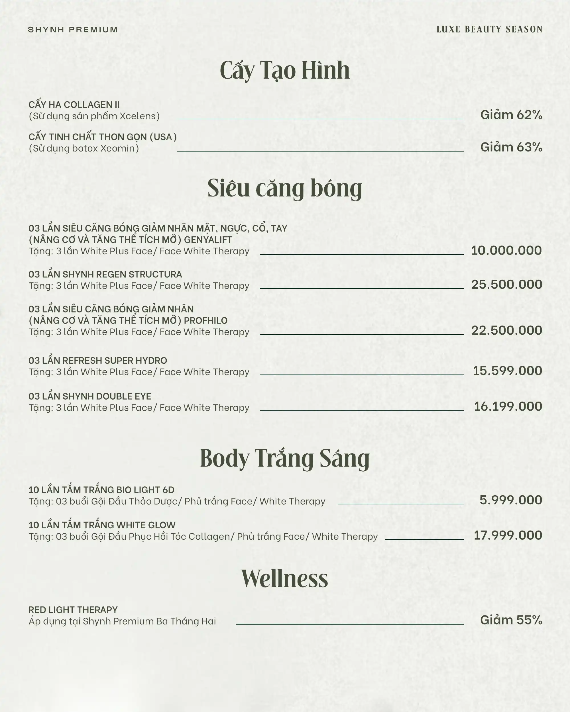 bảng giá chương trình ưu đãi tháng 10 tại Shynh Premium